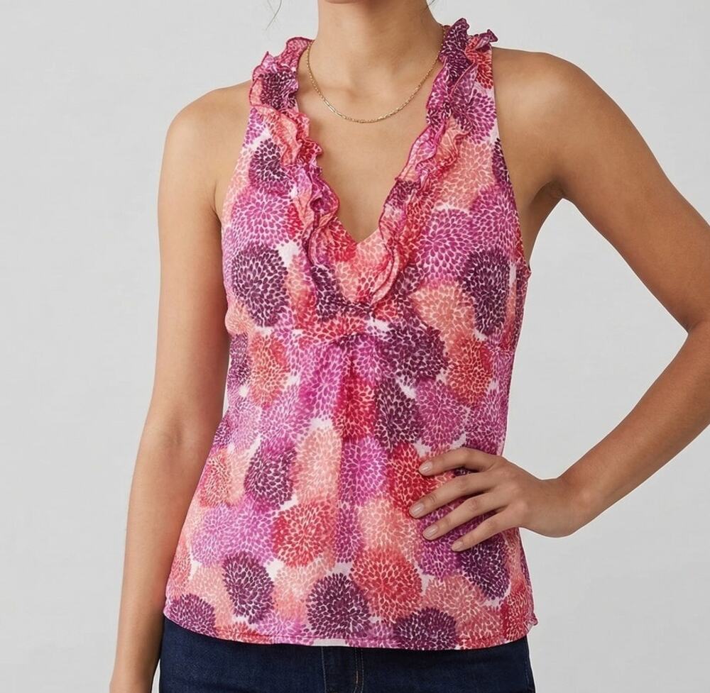 Old Navy Small Lightweight Sleeveless Ruffle V Neck Top Pink Pattern Cotton